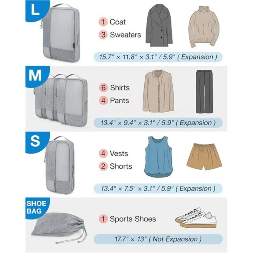 Compression Packing Cubes for Travel, 6 Set Travel Packing Cubes for Carry on